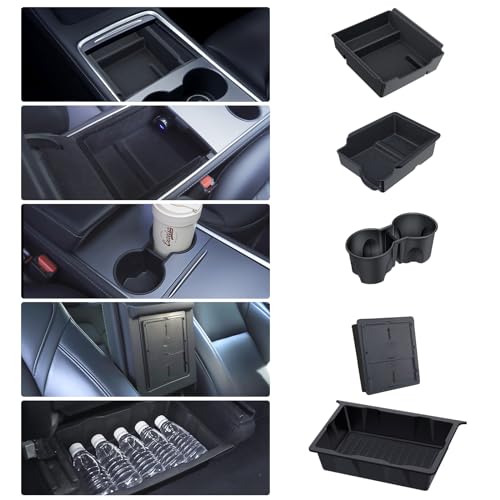 BANKKY 5Pcs Zubehör für Tesla Model Y 2024-2020, Mittelkonsole Organizer, Armlehne Aufbewahrungsbox, Versteckte Aufbewahrungsbox, Getränkehalter Einsatz, Organizer unter dem Sitz für Modell Y