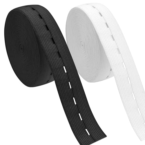 2 Rollen 14m Gummiband mit Knopflöchern, 30mmx7m Flaches Nähband Gummiband mit Knopfloch, Knopflochgummiband Elastische, Stark Elastisches Lochgummiband für Nähen, Stricken, Taillenbändern