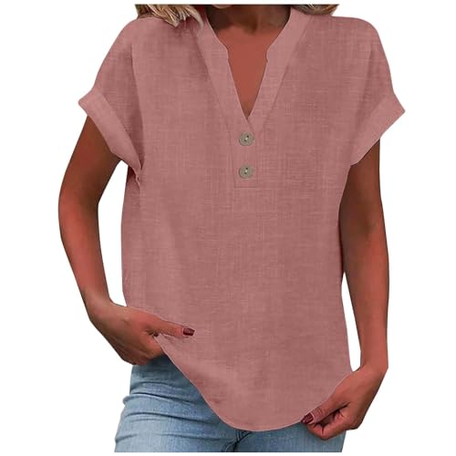 Damen Tshirt, musselin Bluse Damen 2025 Frauen Sommer Tshirt Baumwolle Leinen Cap Sleeve T-Shirt Knopf V-Ausschnitt Tunika Tops Mode Baggy Solid Plain Casual Tshirts Trendy Bluse roségold XL