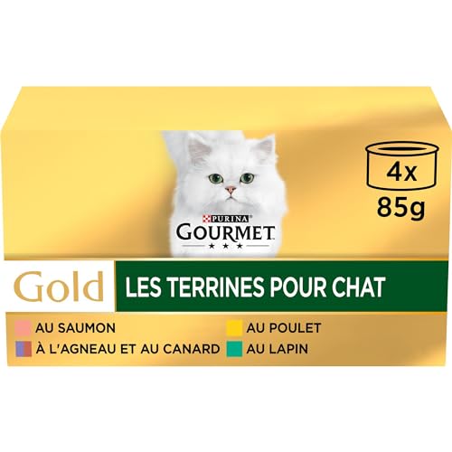 GOURMET Gold | Les Terrines | Katze | Teig | Kaninchen, Huhn, Lamm, Ente, Lachs | 4 x 85g | 24 Stück | Dose