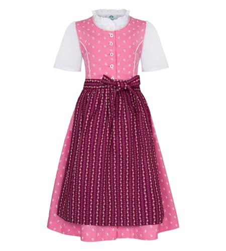 Isar-Trachten Kinder Dirndl 3-TLG. Kleid Bluse Schürze für Mädchen Oktoberfest Kirchweih Hochzeit Sonntagausflug rosa mit Blümchen-Muster, Gr. 110