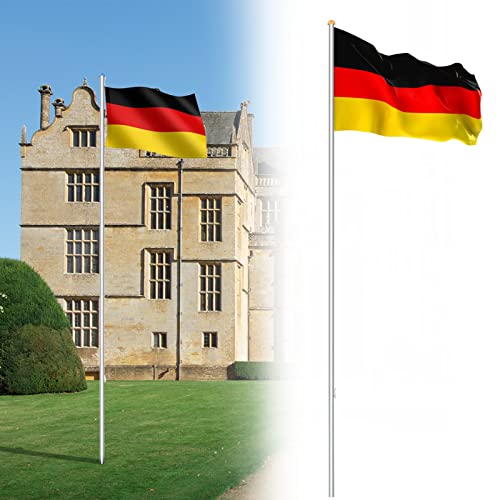 Randaco Höhenverstellbar Aluminium Fahnenmast, Teleskop Flaggenmast, Witterungsbeständigem Rostfreies, mit Deutschlandfahne Seilzug und Stabil Bodenhülse, für Draussen Einbetonieren(Höhe 650cm)