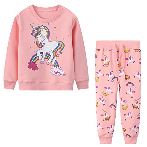 Baogaier Trainingsanzug Mädchen Kinder Einhorn Regenbogen Sportanzug Jogginganzug Sport Set Sportbekleidung Rosa Langarm Baumwolle Pullover Anzug Freizeitanzug Sweatshirt Sweathose Alter 6-7 Jahre
