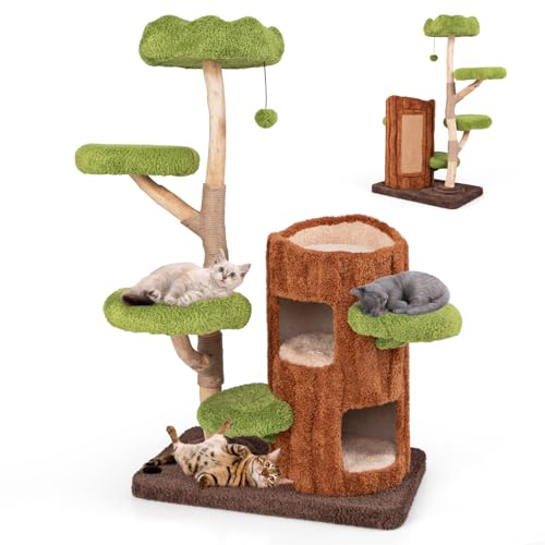 GOPLUS Mehrstufiger Katzenbaum, Kratzbaum mit oberem Rastplatz, Plattformen, Katzenturm mit Jutesäule, Sisalplatte, Hängespielzeugball, zum Spielen und Springen, für Katzen, 80 x 50 x 141cm
