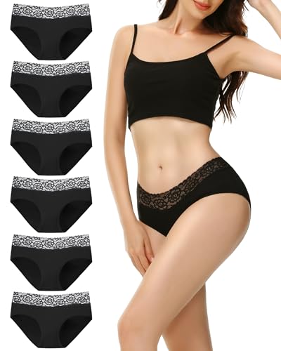 EKSHER Unterhosen Damen 6er Pack Unterwäsche Frauen Baumwolle Spitze Slips Sportunterhosen Hipster Weich Mittel Taille Panties Schwarz, 2XL