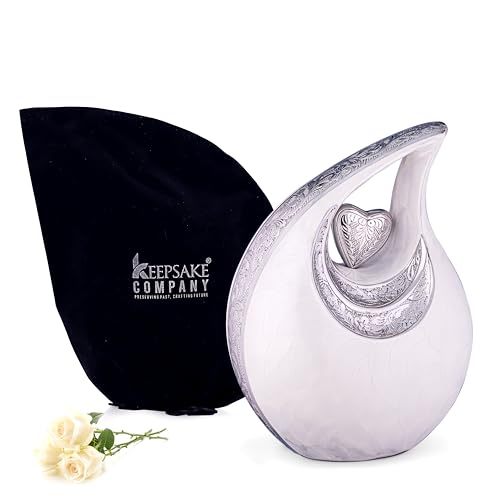 KEEPSAKE COMPANY Große weiße Tropfenurne mit silbernem Herz für menschliche Asche – Urnen für Erwachsene Männer, Männer und Frauen – Herzurne, 2,5 l, weiß mit silbernem Herz