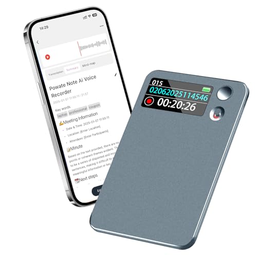 Powate KI Digitales Diktiergerät - App-Steuerung, Transkription & Zusammenfassung mit AI-Technologie, 64GB Speicher, Audio-Recorder für Vorträge, Meetings, Anrufe,Grau
