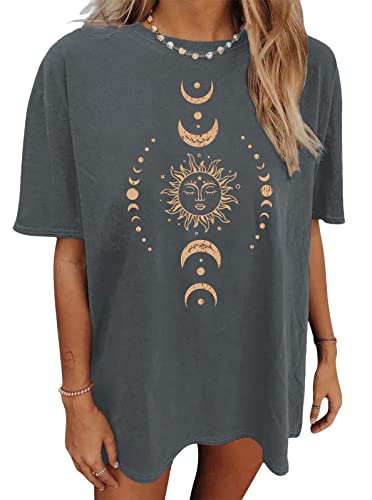 Tomwell Damen Oversized T-Shirt Sommer Kurzarm Vintage Sterne Sonne Mond Motiv Grafikdruck Shirt Lose Rundhals Oberteile Pullover Sweatshirt für Teenager Mädchen Tunika Tops Lang P5 Dunkelgrau M