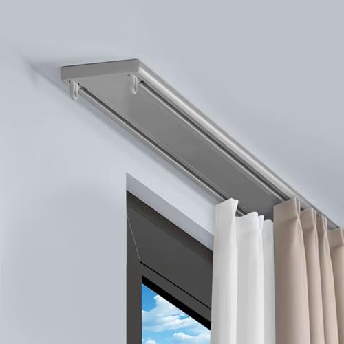 Doppelte Vorhangstangen-Deckenbefestigung, Schwerlast-Aluminium-Spurenset für Vorhänge mit leiser Gleitfunktion, flexibles, biegbares Vorhangschienensystem für Wohnzimmer (Grau,2.7m(8.6ft ））