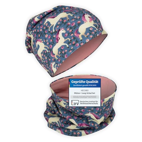 HECKBO Kinder Beanie Mütze & Schal Schlauchschal Set - Jersey innen Wendebar - Pferd - Mädchen Jungen Junge - 95% Baumwolle