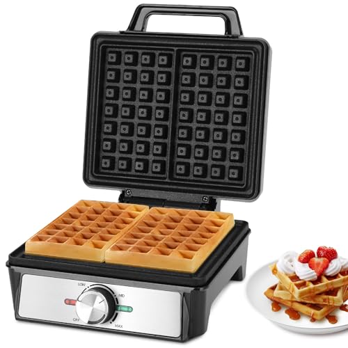 Aigostar Waffeleisen für 2 belgische Waffeln, 1600W, Antihaftbeschichtung, 20,2x17,2x2 cm, Waffelautomat mit einstellbarer Temperatur, LED-Anzeige, kompaktes Edelstahl-Design, BPA und PFOA frei