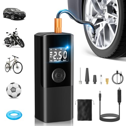 AOKBON Luftpumpe 150PSI Elektrische Fahrradpumpe Mini Kompressor 12V EasyPump Mit Alle Ventile Autostop Funktion LCD LED Reifenfüller Tragbarer Luftkompressor über USB-C wiederaufladbar Als Powerbank