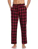 Aseniza Herren Schlafanzughose Lang Baumwolle Karierte Schlafhose Pyjamaunterteil Pyjamahose Freizeithose Loungehose für Männer A-Rot+Schwarz L