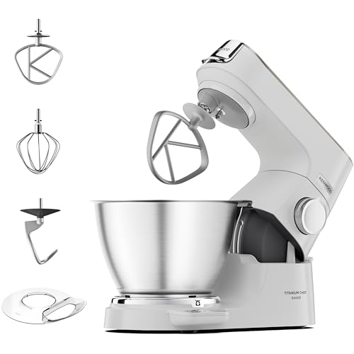 Kenwood Titanium Chef Baker KVC65.001WH, Küchenmaschine mit integrierter Waage, 1200 Watt, inkl. 3-teiligem Patisserie-Set, Spatel & Spritzschutz, Weiß