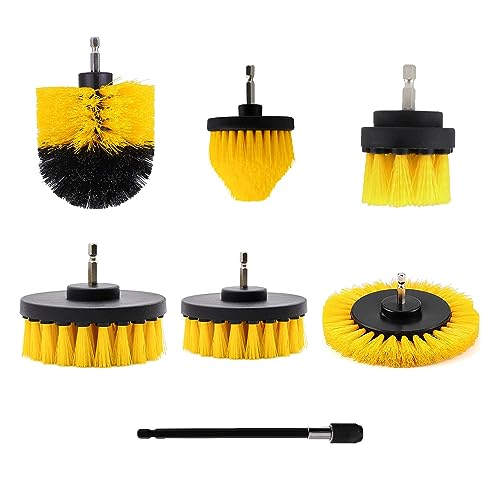 Playcrate Bohrer-Bürstenaufsatz – 7 Stück elektrische Bohrer-Bürsten-Set – ideal für Poolfliesen, Badezimmer, WC, Keramik, Marmor, Auto, Automotive (gelb, 7 Stück)