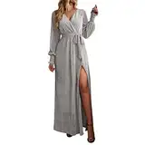 FNKDOR 2023 Abendkleider Elegant Lang Damen V-Ausschnitt Puffärmel Glitzer Pailletten Strasssteine Schlitz Ballkleider mit Gürtel (Silver, L)