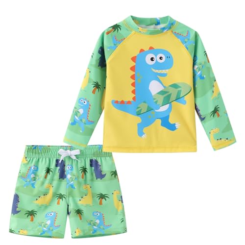 Aisyee UV Schwimmshirt Baby Jungen Zweiteilig Langarm Dino Badeshirt Kinder Boardshorts Jungen Badeanzug Set 86 92/18-24 Monate