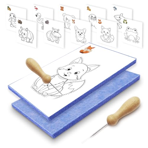 Fettwal Prickelnadel Set Kinder, Prickelset Kinder ab 3, Stickbilder für Kinder, Sticken Kinder Set mit 2 Prickelnadel 2 Prickelfilz 10 Stickbilder, Verwendung unter Aufsicht der Eltern
