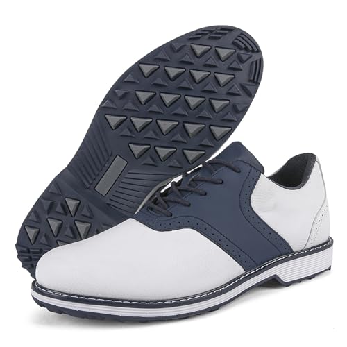 LZQpearl Herren Golfschuhe, Leder Business Golfstiefel ohne Spikes, Klassische, atmungsaktive, rutschfeste, lässige Golf-Trainings-Sneaker White&Blue, 44