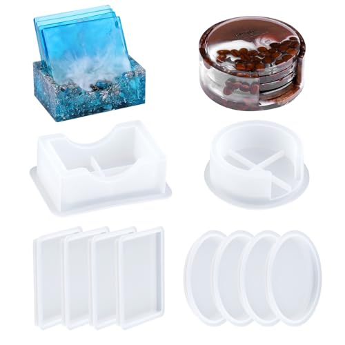 EPODA Untersetzerform Epoxidharz Formen mit Untersetzer Halter, 8 Stück Silikonform Untersetzer Epoxidharz, DIY Untersetzer Silikon Formen Gießformen (Rund Quadrat)