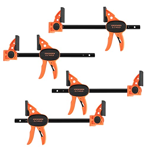 Jorgensen Schraubzwingen Set Profi Einhandzwingen 4 Stück, Spannweite 150mm, Dehnbereich bis zu 290mm Spannkraft 68kg, Maultiefe 62mm, aus Stahl und Nylon für präzises Fixieren