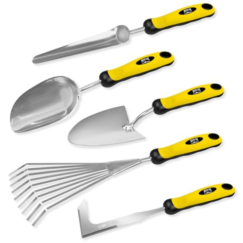 MISTER TOOL Gartenwerkzeug Set - 5-teiliges Set mit Pflanz- & Volumenschaufel, Federrechen, Unkrautkelle & Fugenkratzer mit Köpfen aus rostfreiem Stahl, multifunktionell, vielseitig einsetzbar