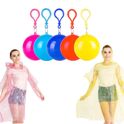 HSAJS 5 Stück Regenponcho Einweg Ball mit Schlüsselanhänger-Haken Bunt RainAufbewahrungsball Notfall-Regenmäntel Wandern Reisen Outdoor-Aktivitäten für Erwachsene Mann Frau
