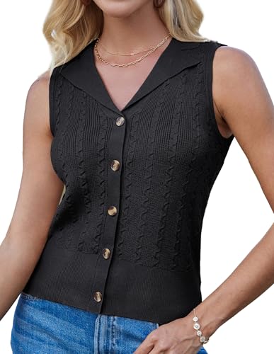 GRACE KARIN Damen Strickweste Ärmellos Tailliert Sommer Casual Elegant Mit Knöpfen Und Revers Design Schwarz M
