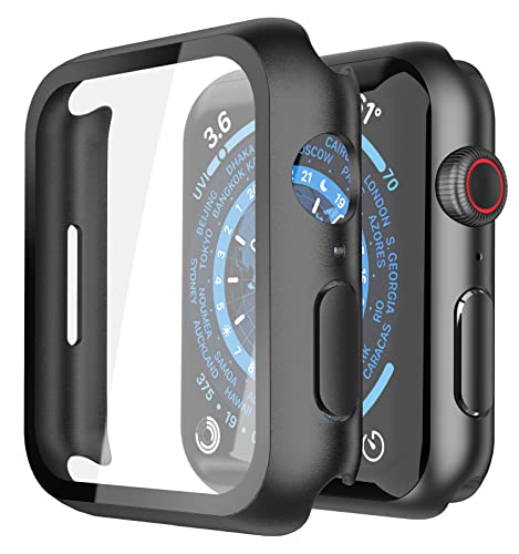 Misxi Hard Hülle mit Glas Displayschutz Kompatibel mit Apple Watch Series 9 Series 8 Series 7 45mm, Rundum Schutzhülle HD Ultradünne PC Schutz Case für iWatch S9/S8/S7, 2-Stück, Schwarz
