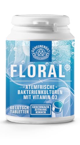 FLORAL® Atemfrische - 60 Anti Mundgeruch Lutschtabletten +Vitamin D3 +Lactobacillus salivarius - Mundhygiene - ohne Mundspülung und Zungenreiniger -Frischer Atem- SCHEUNENGUT®