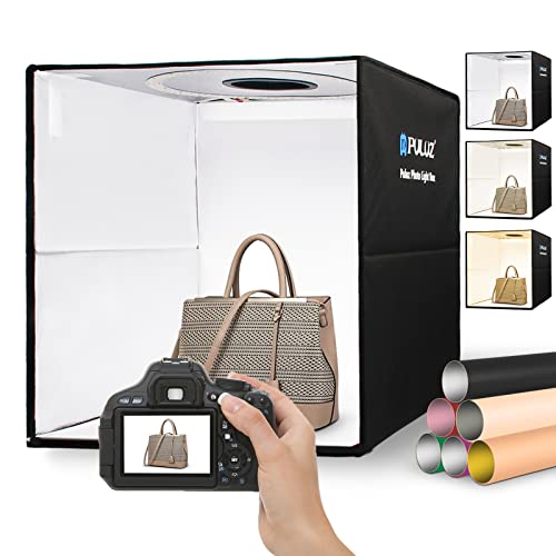 PULUZ Fotobox 40x40cm Faltbare Photography Box mit Dimmbaren 3 Farben Temperaturen 160 LED Beleuchtung 6500K & 12 Foto-Hintergründe Lichtzelte for produktfotografie