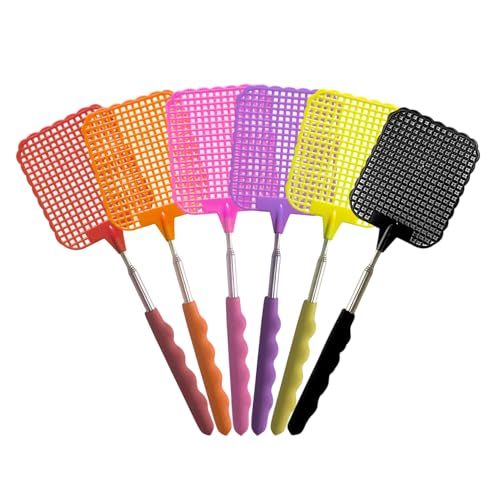 Fliegenklatsche, 6 Stück Bunt Fliegenklatsche Ausziehbar, Fliegenklatsche Stabil,Manual Extendable Fly Catcher für Fliegen und Insekten Abzuwehren（Rot/Orange/Gelb/Rosa/Lila/Schwarz）