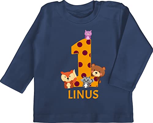 Baby Langarmshirt - 1. Geburtstag - Waldtiere - 1 Jahr - 12/18 Monate - Navy Blau - one Year Old Shirts First Birthday Boy Outfit Shirt Langarm EIN ich Bin Schon eins personalisiertes Tshirts