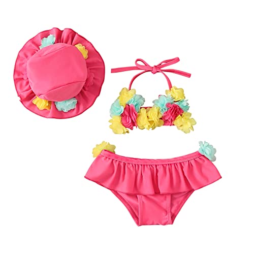 Baby Bikini Set Mädchen Bikini Bademode mit Blumen Kleinkind 3 Teilige Badeanzug 0-24 Monate Neckholder Krawatte Oberteile + Rüschen Shorts mit hoher Taille + Hut Sonnenschutz (Rosa , 6-12 Months )