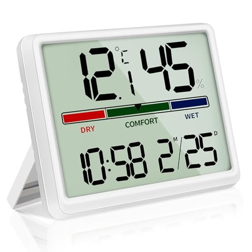 Vemfay Digitales Thermo-Hygrometer, LCD Thermometer Hygrometer Innen mit Raumklima-Indikator, Temperatur und Luftfeuchtigkeitsmesser mit Funkuhr und Datum für Raumklimakontrolle Klima Monitor