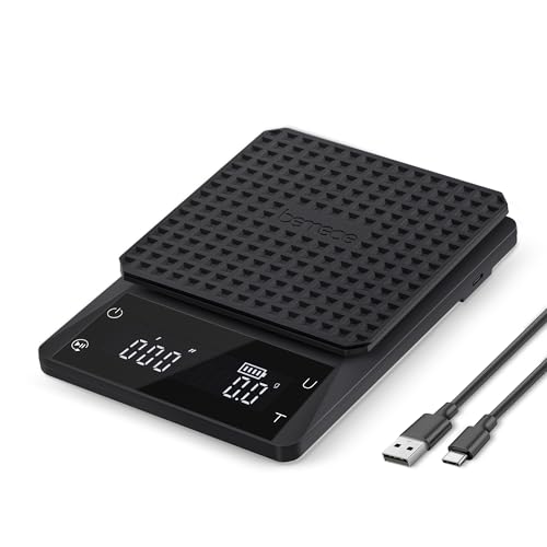 bemece Wiederaufladbare Digital kaffeewaage, Kaffeewaage mit Timer 0,1 g, Wasserdichte Espresso Waage mit Großem Display und Berührungssensor, Max. Gewicht 3 Kg