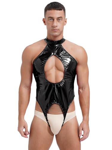 FEESHOW Herren Wetlook Body Unterwäsche Offener Schritt Männer Body Sexy Bodysuit Lack Leder Overall Ouvert Stringbody Schwarz XXL