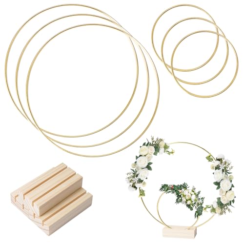 3-teiliges Set Metallring mit Fuß, Gold Dekoring mit Fuß, 3 Stück 20cm +3 Stück 15cm Metallringe zum Basteln, Deko Ring mit Ständer für DIY Traumfänger, Weihnachtskranz, Hochzeit Kranz, Traum Catcher