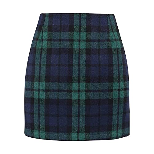Modische Damen Kurz Rock Karierter Figurbetonter Bleistiftrock High Waist Wollrock Stretch Skinny Röcke Abnehmen Bauchweg Röck Mit Hohe Taille Für Wickelrock Winter Slim Fit Damenrock (Green, S)