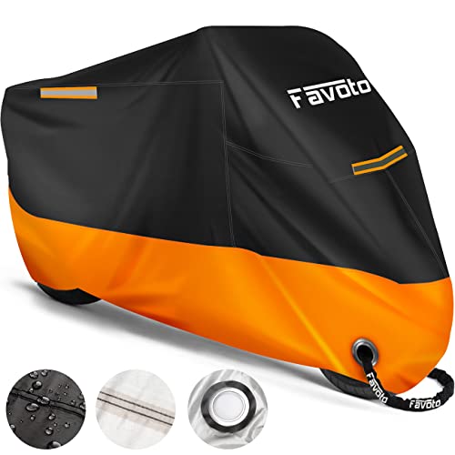 Favoto Verbesserte Version Wasserdicht Motorradabdeckung Motorrad Abdeckplane Outdoor Motorradgarage Motorroller Abdeckung Winddicht XXL mit 2 Gürtelschnalle Schwarz-Orange 220cmx105cmx125cm