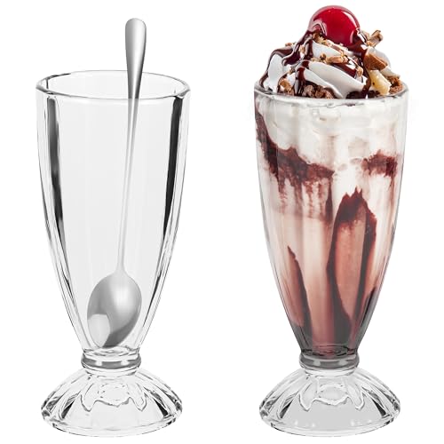 Hejo 2 Stück Eisbecher Glas, 360ml Wiederverwendbar Dessertgläser, Eiskaffee Gläser mit Löffeln, Milchshake Gläser mit Fuß, Iced Coffee Glas für Eis Dessert Getränke Cocktails