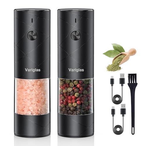 Variglas Salz und Pfeffermühlen Elektrische 2er Set mit USB Wiederaufladbarer,Verbesserte große Kapazität Gewürzmühle elektrisch,Einstellbare Grobheit,LED-Licht(01B)