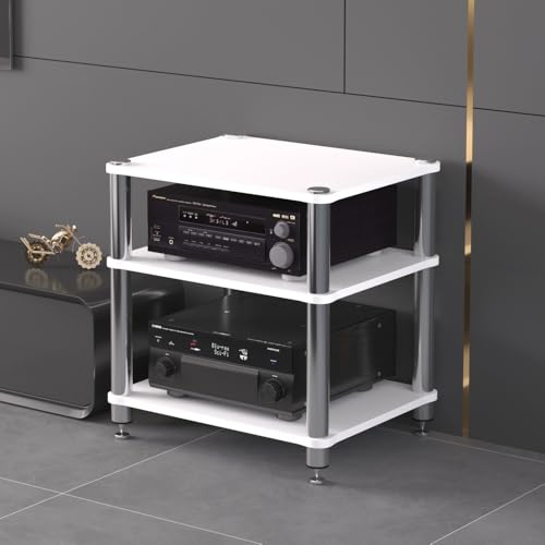 YCYHZC 4-stöckiges HiFi Rack AV Medienständer, Medienkonsolen Aufbewahrungsregal, Plattenspieler Ständer, Stereo Schrank Entertainment Center Für Heimbüro Theater(White,3-Tier 60x48x59cm)