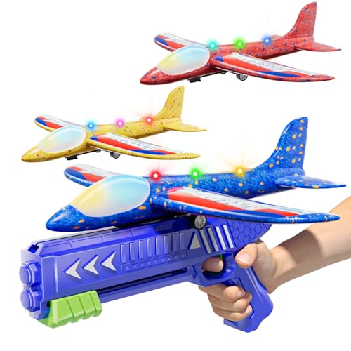 Doloowee 3 Pack Flugzeug Launcher Spielzeug Flugzeugbausätze, 12,6 Zoll LED Schaum Gleiter Katapult, 2 Flug Modi, fliegen, 3 4 5 6 7 8-12 Jahre alt Jungen Mädchen Geburtstag Geschenke(Blau)
