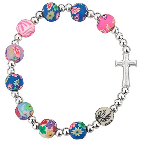 MaMeMi Bezauberndes Armband mit Kreuz & bunten PERLEN – Christlicher SCHMUCK für MÄDCHEN zur Kommunion, Taufe oder Geburtstag – Farbiges Kinderarmband mit Bedeutung