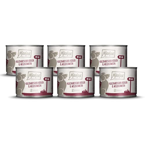 MjAMjAM - Premium Nassfutter für Hunde - kulinarischer Hirsch & Wildschwein an Preiselbeeren, 6er Pack (6 x 200 g), getreidefrei mit extra viel Fleisch