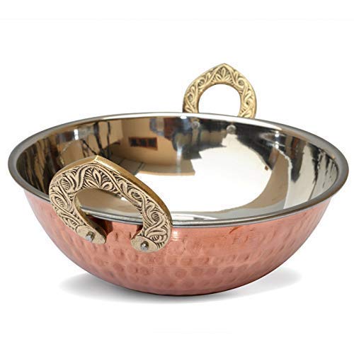 1 Stück indische Kupfer-Serveware Karahi Gemüse Dinner Schüssel mit massivem Messinggriff für indische Speisen Servierschalen für Müsli, Suppe, gekochte Lebensmittel Party, Stahl Handi (13 cm(300ml)