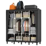 LOEFME Kleiderschrank 170 * 175 * 45cm, Stoffschrank für Schlafzimmer, Kleiderschrank Stoff, Stoffkleiderschrank ​mit 2 Hängenden Schienen und 18 Seitentaschen (Negro)