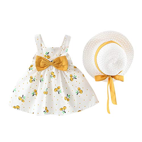 Outfits Prinzessin Kinder Baby Kleinkind Mädchen - Ärmellose Dot Bogenhut Outfit & Set Warme Babykleidung Tütü Kleid Zwillingskleidung A Linien Sommerkleider + Stroh Hut Festes Kleid