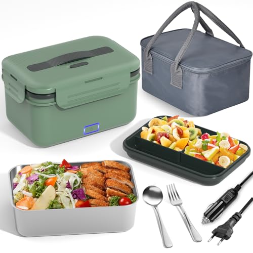 Vabaso 100W Elektrische Lunchbox Erwachsene, Thermo mit Besteck und Isolierter Lunchbeutel, 12 24 110V~230V, Auslaufsicherer, 1.8 L Großbehälter, Brotdose mit Fächern für Auto, LKW, Zuhause